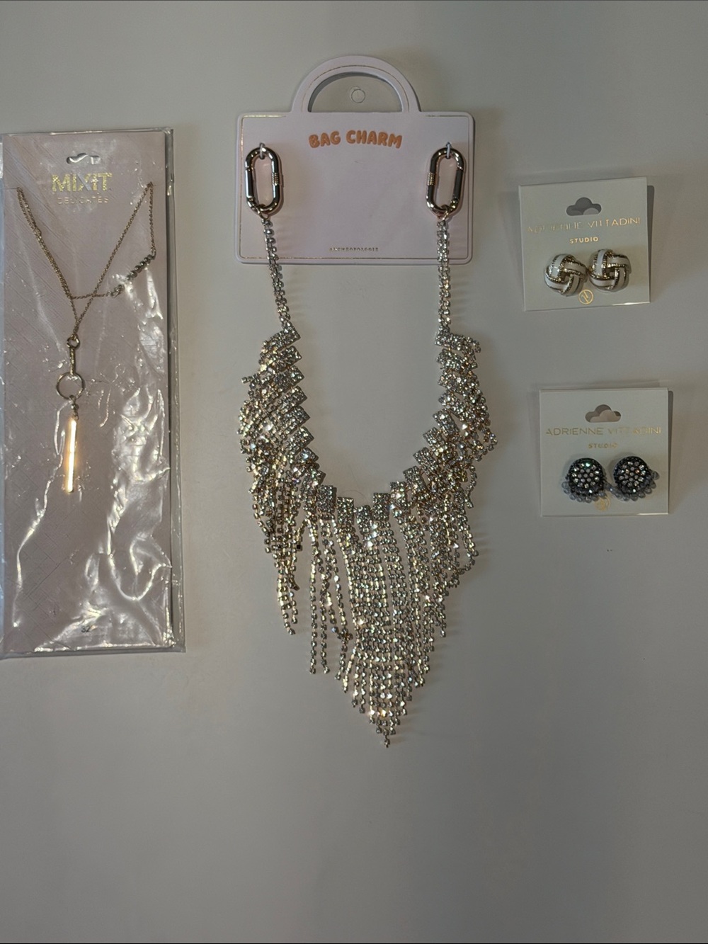 GOLD BLING ACCESSORY LOT!!! New items. Bag Charm, Earrings, Necklace all NEW